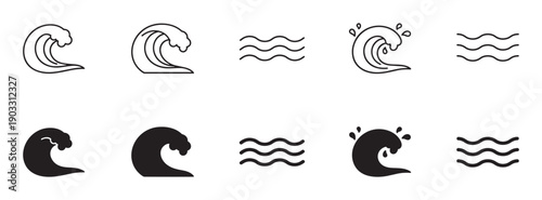 Set of black ocean wave icons showing different styles including line art and solid silhouette designs for water, sea, and surf symbols in a minimalist graphic collection