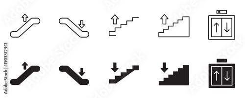 Escalator, stairs, and elevator icon set in black outline and solid fill styles, featuring up and down direction arrows for public space wayfinding and information design