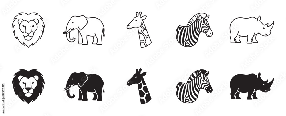 Naklejka premium Collection of safari animal icons featuring a lion, elephant, giraffe, zebra, and rhino presented in both black line art and solid silhouette styles for graphic design