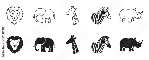 Collection of safari animal icons featuring a lion, elephant, giraffe, zebra, and rhino presented in both black line art and solid silhouette styles for graphic design