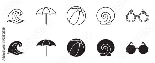 Set of black summer beach icons featuring a wave, umbrella, ball, seashell, and sunglasses in two styles, line art outline and solid glyph silhouette for graphic design