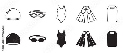 Collection of black swimming gear icons showing a swim cap, goggles, one-piece swimsuit, flippers, and a kickboard, presented in both simple line art and solid silhouette styles