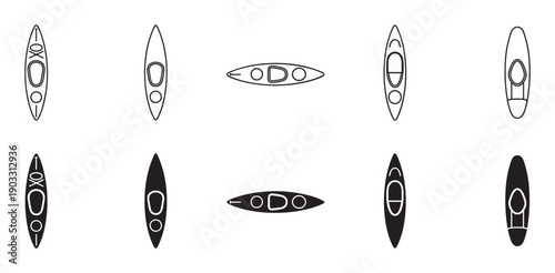 Set of various kayak icons in outline and silhouette styles shows different boat types from a top-down perspective for water sports and recreation concepts
