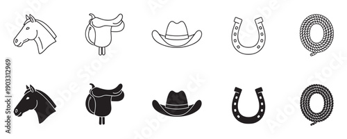 Set of black cowboy western icons including a horse head, saddle, hat, horseshoe, and rope in both line art and solid silhouette styles for graphic design