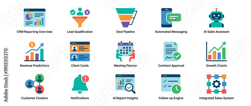 Collection of colorful flat business icons representing sales, marketing, and CRM concepts like lead qualification, deal pipeline, revenue predictions, and AI assistant