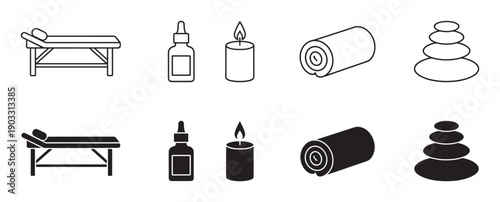 Set of spa and massage icons featuring a table, oil, candle, towel, and stones, presented in both minimalist outline and solid black silhouette styles for wellness concepts