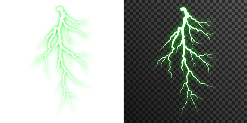 Green lightning arc PNG isolated on transparent background with glowing electric branches for dramatic energy visuals
