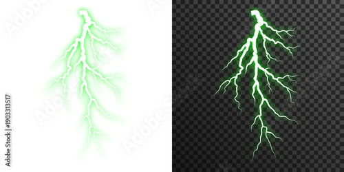 Green lightning arc PNG isolated on transparent background with glowing electric branches for dramatic energy visuals
