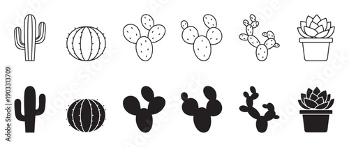 Set of black cactus and succulent icons featuring various desert plants in minimalist outline and solid silhouette styles, including saguaro, barrel, and prickly pear types