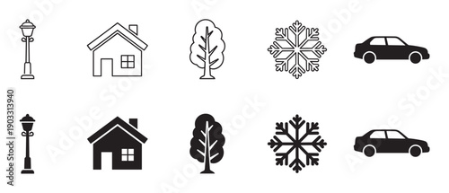 Collection of black city and nature icons featuring a house, car, tree, snowflake, and lamppost presented in both outline and solid glyph styles for versatile design projects
