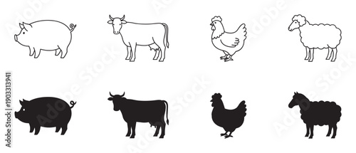 Set of black farm animal icons showing a pig, cow, chicken, and sheep as simple vector illustrations in two distinct styles, outline and solid silhouette