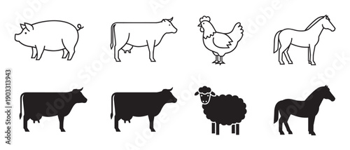 Collection of farm animal icons featuring a pig, cow, chicken, horse, and sheep in both minimalist line art and solid black silhouette styles for graphic design elements