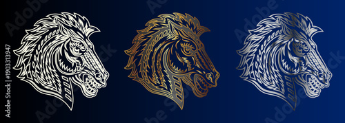 Majestic Lion Heads Collection, Golden Silver Bronze Animal Portrait, Wildlife Emblem Design Elements