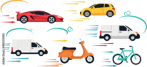 Fast transportation vehicles set with cars van scooter and bicycle speed motion illustration