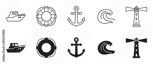 Black nautical and marine themed icon collection featuring a boat, lifebuoy, anchor, wave, and lighthouse shown in both minimalist outline and solid silhouette styles