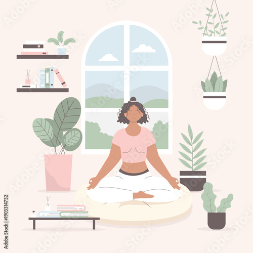 Calm illustration of a woman meditating indoors surrounded by plants, symbolizing self care, mindfulness, mental health, and emotional balance in a peaceful home environment.