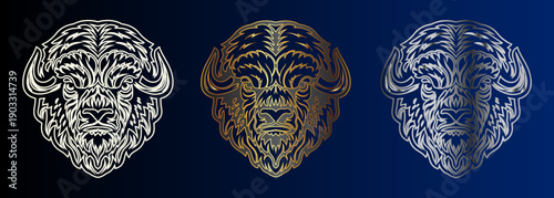 Bison Head Collection, Intricate Wildlife Designs, Animal Portrait, Buffalo Silhouette, Vector Illustration