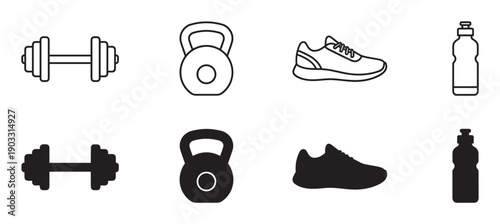 Set of black fitness and workout icons featuring a dumbbell, kettlebell, sneaker, and water bottle, shown in both minimalist line art and solid silhouette graphic styles