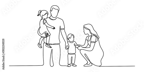 Continuous line drawing of a happy family with father, mother, son and daughter together. Vector, illustration