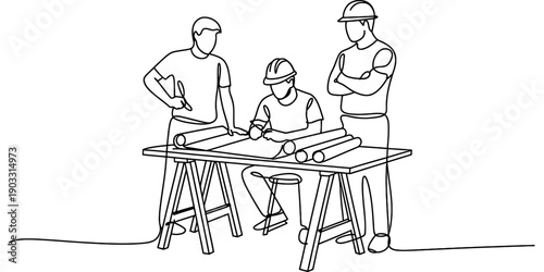 Simple continuous line drawing of architects and engineers reviewing blueprints together. Vector, illustration