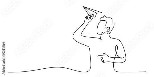 Minimalist continuous line art of a person launching a paper airplane for business success. Vector, illustration