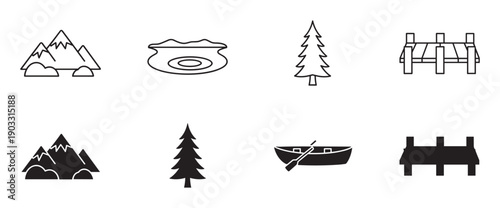 Set of black nature icons for outdoor adventure themes, featuring mountains, a lake, a pine tree, a canoe, and a wooden pier in both line art and solid silhouette styles