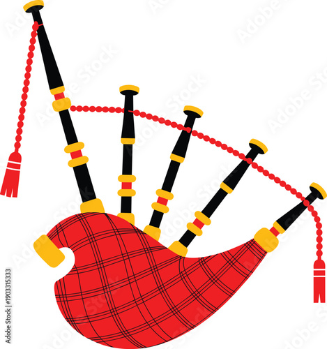 Traditional bagpipe musical instrument illustration. Classic folk wind instrument with decorative cords and pipes. Vector design for music culture, festivals, and educational graphics.