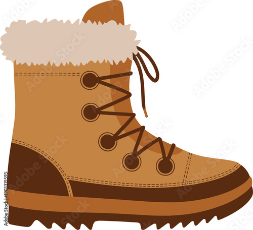 Golden color winter boot illustration in flat style. Cozy fur lined lace-up footwear. Clean vector design for cold season fashion, icons, and apparel graphics.