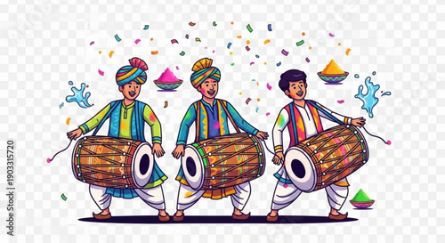 Three men playing dhol drums with colorful powder celebrating Indian festival traditional music performance vector illustration