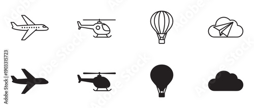 Set of black air transport icons showing an airplane, helicopter, hot air balloon, and paper plane in both outline and solid silhouette styles for graphic design elements