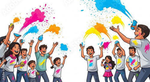 Diverse group of people celebrating Holi festival throwing colorful powder and water joyful outdoor activity isolated on white backgr