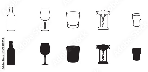 Set of black wine icons showing a bottle, glass, tumbler, corkscrew, and cork in both outline and solid silhouette styles for beverage and bar concepts