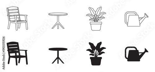 Set of black garden furniture and tool icons featuring a chair, table, plant, and watering can in minimalist outline and solid silhouette styles for graphic design