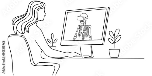 A woman sitting at a desk looking at a computer screen displaying a human skeleton Vector, illustration