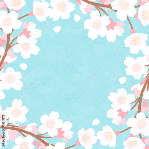 桜の花と水色背景のフレーム　春　水彩