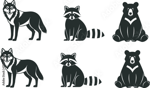 Black and white vector illustrations of forest animals including wolves raccoons and bears isolated on white background for wildlife conservation and nature education designs