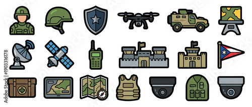Large collection of military themed icons in a bold outline style, featuring a soldier, drone, armored vehicle, satellite, fortress, tactical map, and security equipment