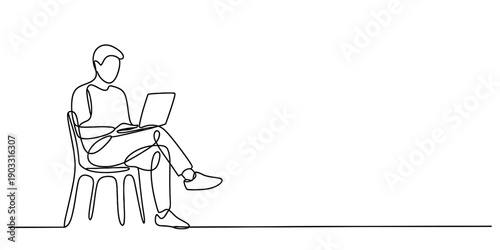 Continuous line drawing of a person sitting on a chair using a laptop computer Vector, illustration