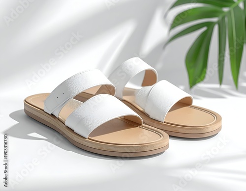 Two white leather sandals sit on a white surface, with a monstera leaf in the background