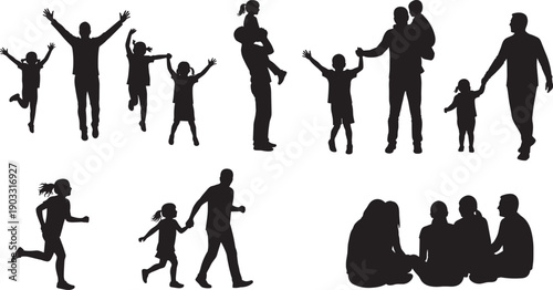 Family silhouette vector, parents and children, bonding moments, playful interaction, black illustration, group activity, minimalist design, parenting concept, childhood joy