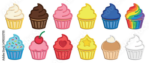 Colorful collection of twelve illustrated cupcakes with various toppings like frosting, sprinkles, a cherry, and a heart, presented in a cute cartoon vector style for design projects