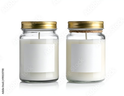 Two glass jars with white candle wax, gold lids, & blank labels on a white backdrop