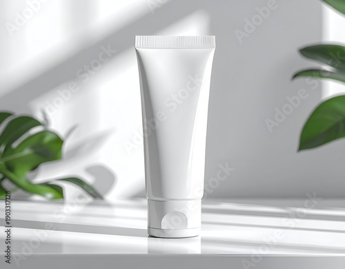 A tall, white cosmetic tube sits on a reflective white surface, with leafy foliage