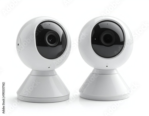 Two modern, spherical white security cameras with black lenses and pedestal bases, side view