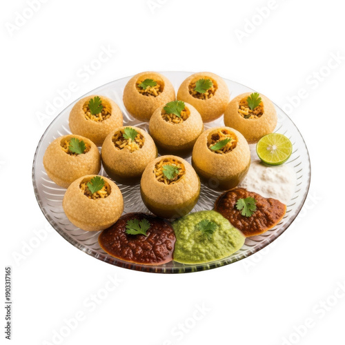 Delicious pani puri served with chutney and spices on glass plate
