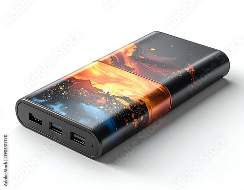 Sleek black portable power bank with colorful abstract art, angled on white surface