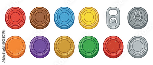 Colorful clay pigeon targets and aluminum can tops collection in a flat cartoon style illustration, showing a variety of skeet shooting discs and beverage pull tabs for sport or design