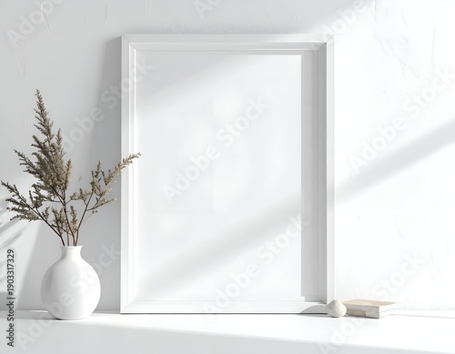 Empty white picture frame with vase and dried plant on shelf in sunlight