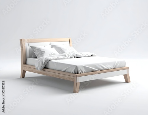 A modern bed frame made of light wood with white bedding