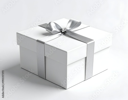 A white gift box, square and pristine, with silver ribbon tied in a bow on a white backdrop